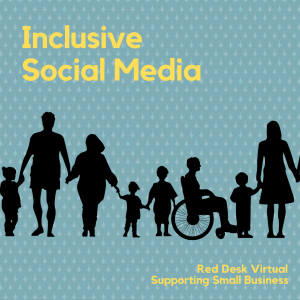 Inclusive social media - yellow text on blue background with silhouettes of various figures 