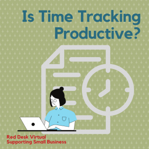 Is Time Tracking Productive text in blue with picture of a woman on her laptop in bottom left hand corner