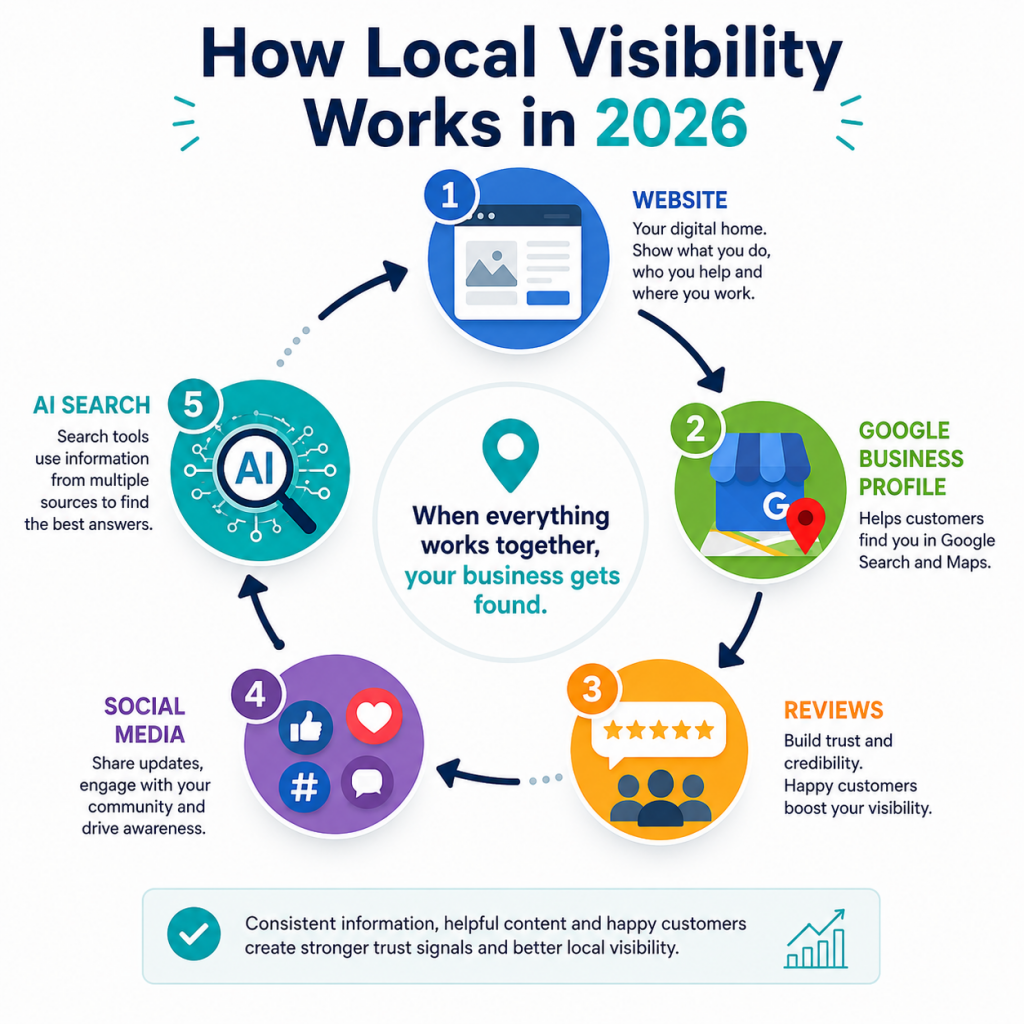 Circular diagram showing how websites, Google Business Profiles, reviews, social media and AI search work together to improve local business visibility.