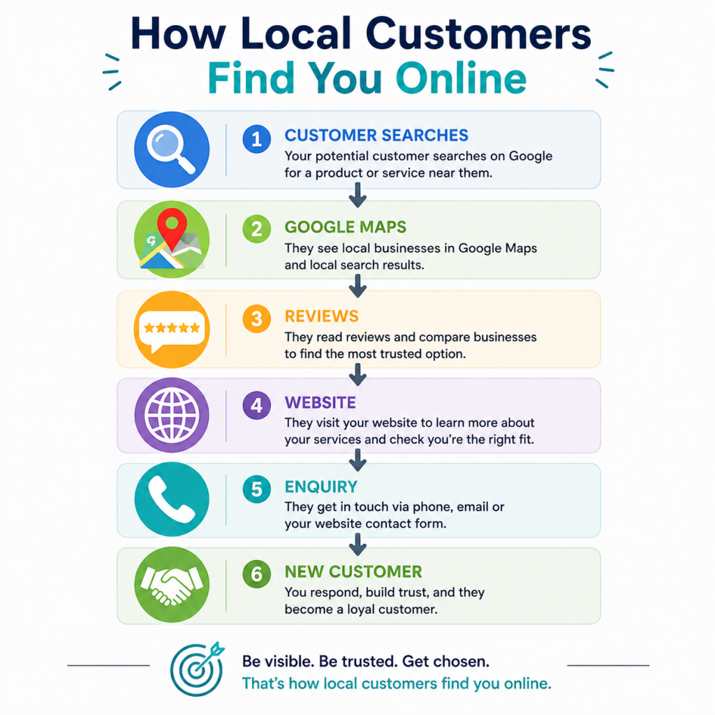 Customer journey diagram showing how local customers move from Google search and reviews to a website enquiry and becoming a customer.