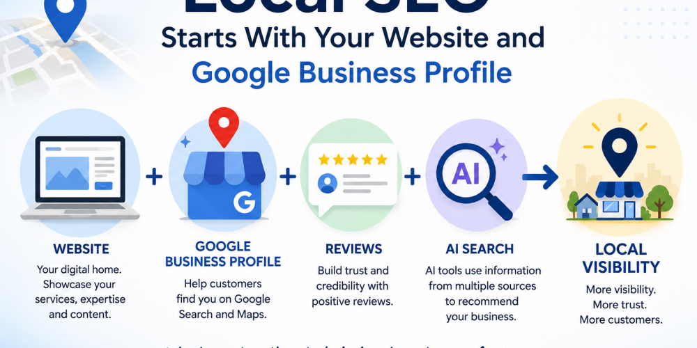 Diagram showing how a website, Google Business Profile, reviews and AI search work together to improve local SEO and local visibility.