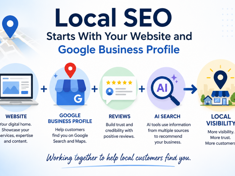 Diagram showing how a website, Google Business Profile, reviews and AI search work together to improve local SEO and local visibility.