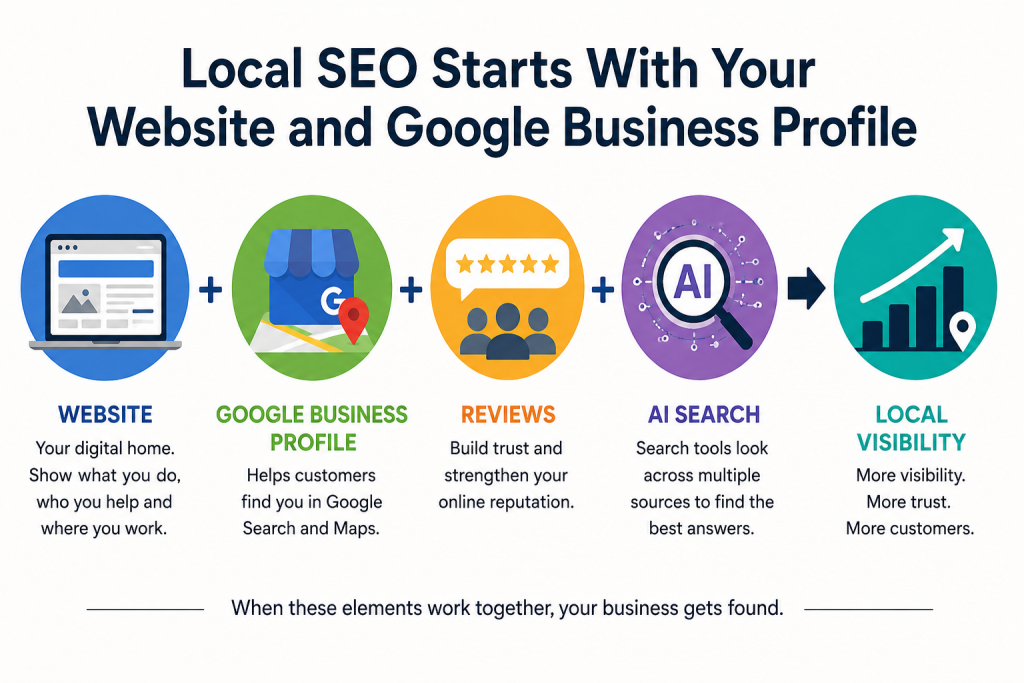 Local SEO infographic illustrating the relationship between a website, Google Business Profile, customer reviews and AI search.