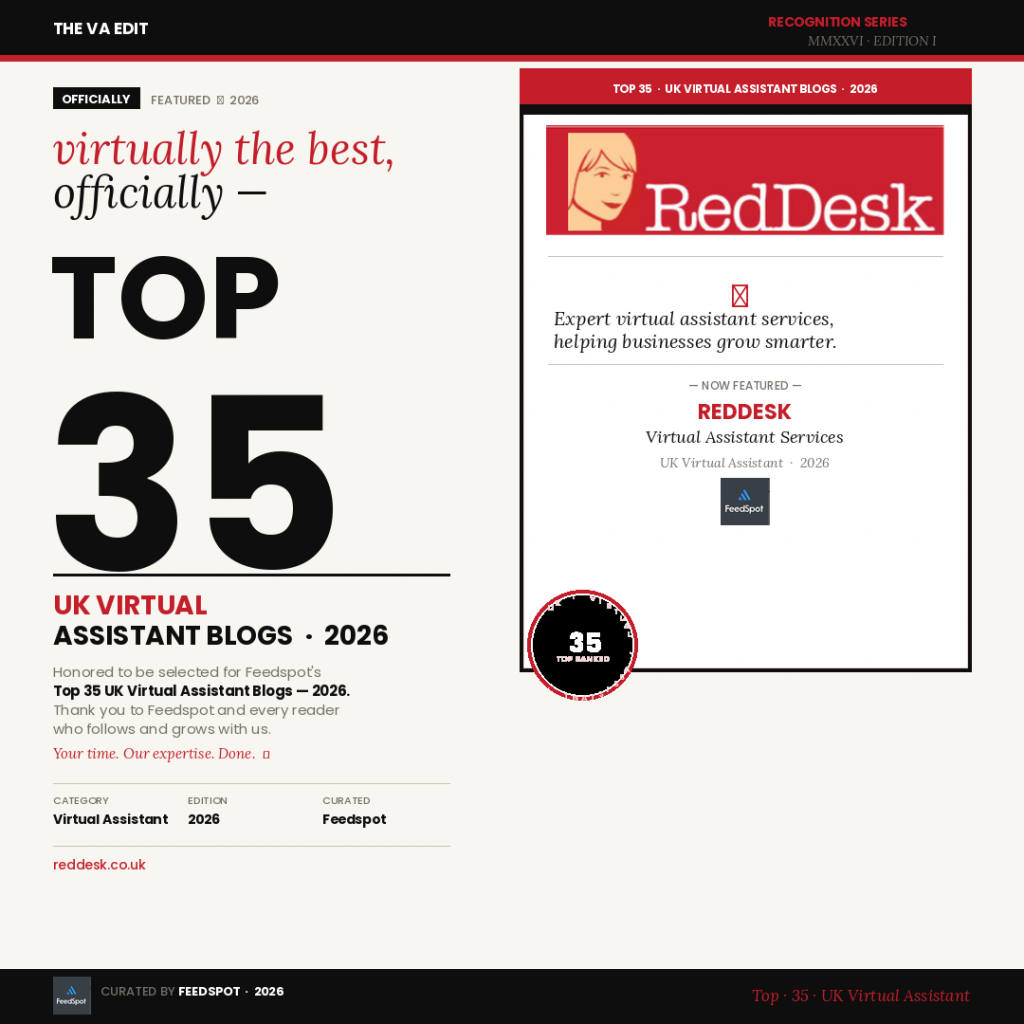 Feedspot award graphic recognising Red Desk Virtual Assistant Services as one of the Top 35 UK Virtual Assistant Blogs for 2026, ranked 15th in the UK.
