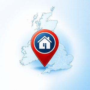 Flat graphic showing a house symbol inside a red map pin placed on a simplified map of the United Kingdom