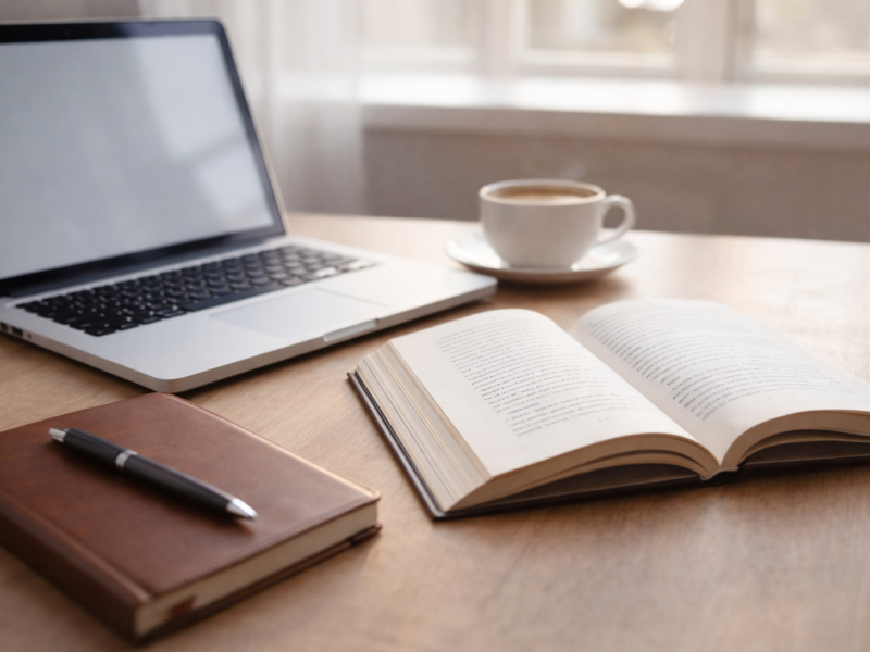 Open book beside a laptop, notebook and coffee on a tidy desk with soft daylight.