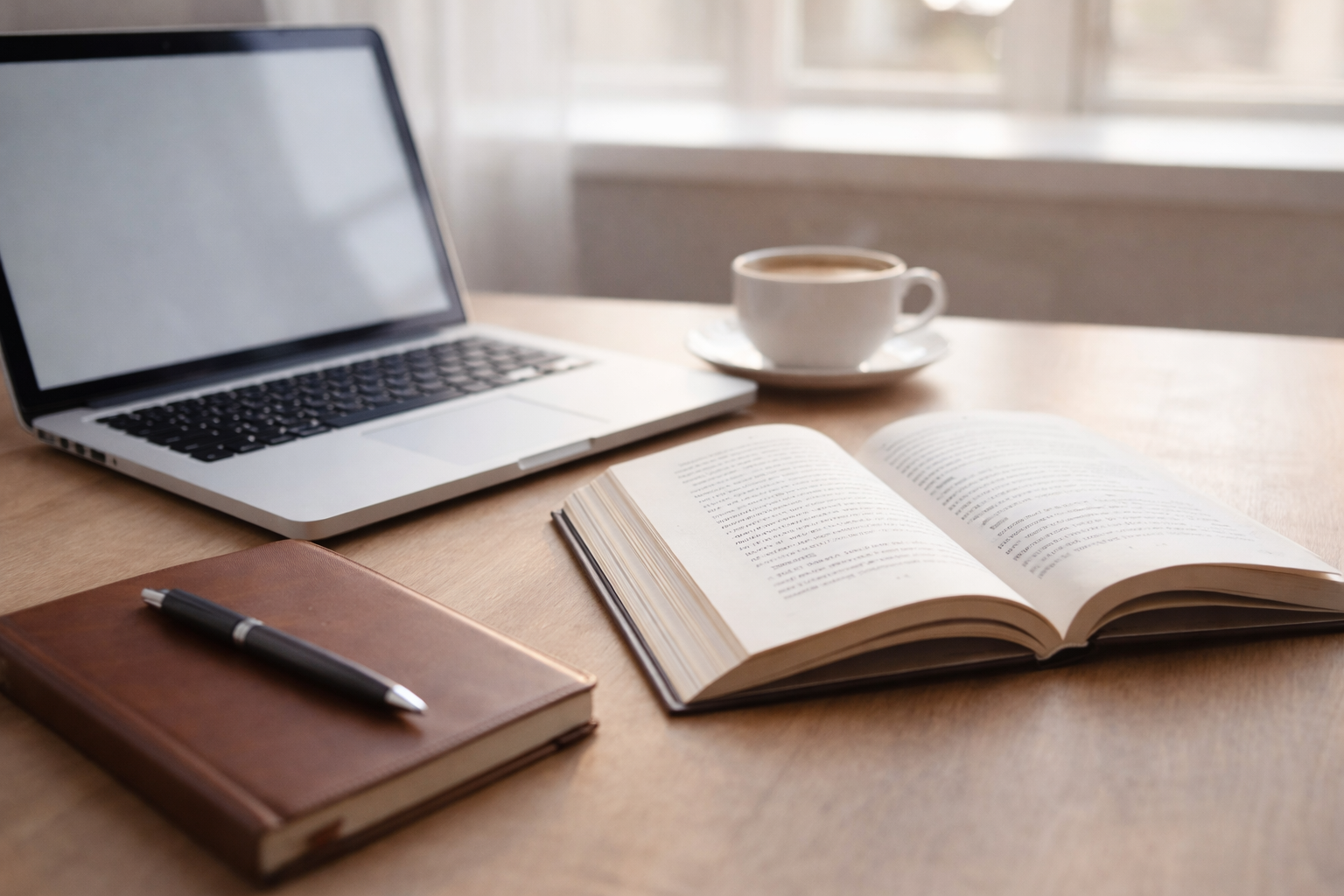 Open book beside a laptop, notebook and coffee on a tidy desk with soft daylight.