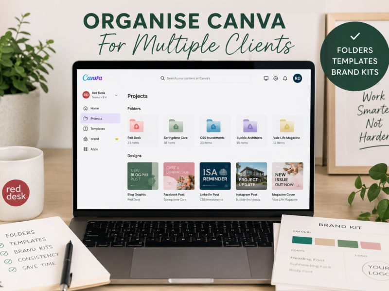 Organised Canva workspace showing folders, templates and brand kits for multiple clients