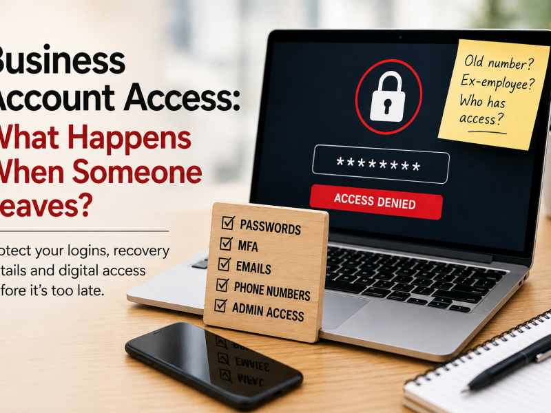 Illustration about business account access showing a laptop with an access denied message, alongside a checklist for passwords, MFA, email addresses, phone numbers and admin access.