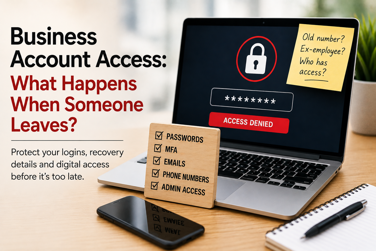 Illustration about business account access showing a laptop with an access denied message, alongside a checklist for passwords, MFA, email addresses, phone numbers and admin access.