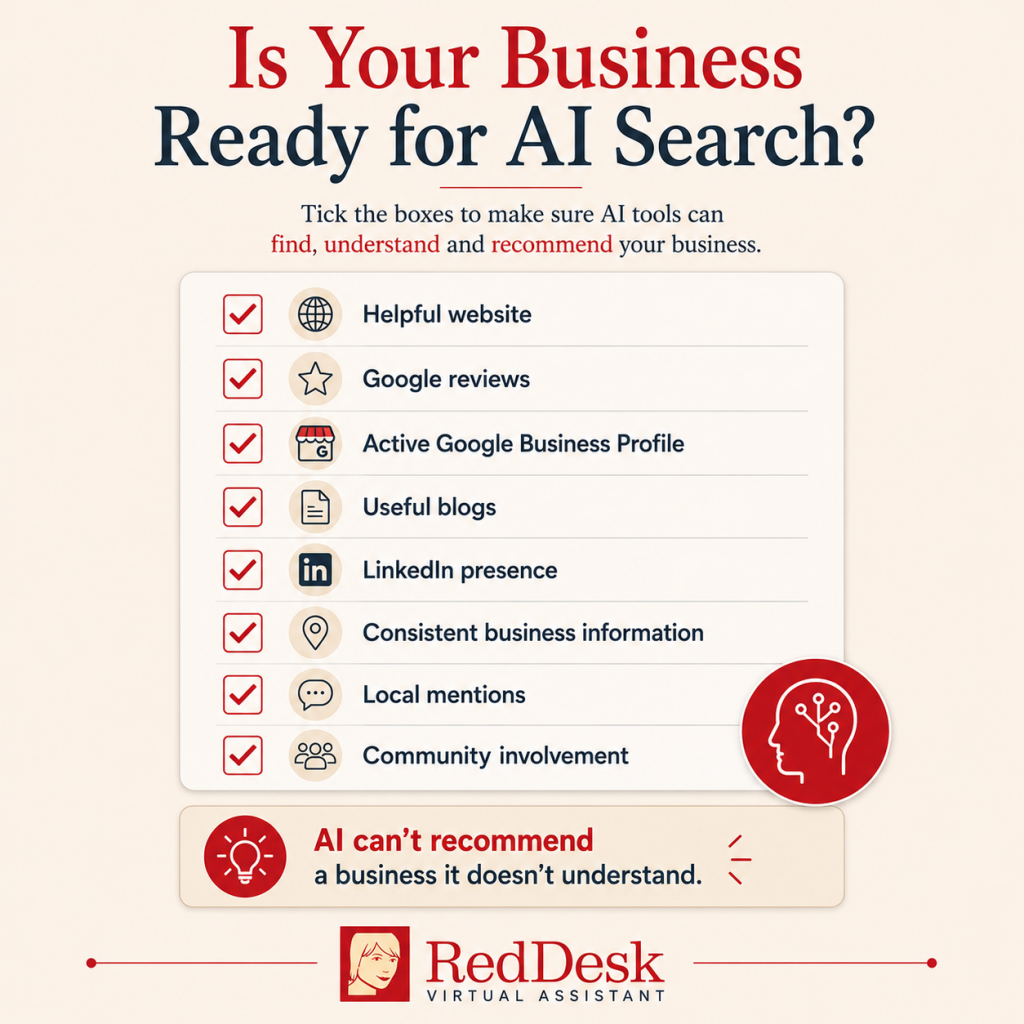 Checklist infographic showing the key trust signals needed for AI search, including a helpful website, Google Business Profile, customer reviews, blogs, LinkedIn, consistent business information, local mentions and community involvement.
